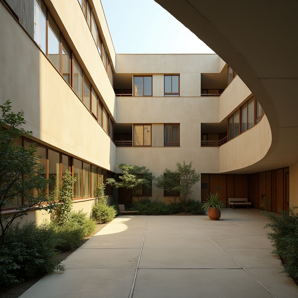 Exterior courtyard of a mid-century modernist apartment building with clean geometric lines