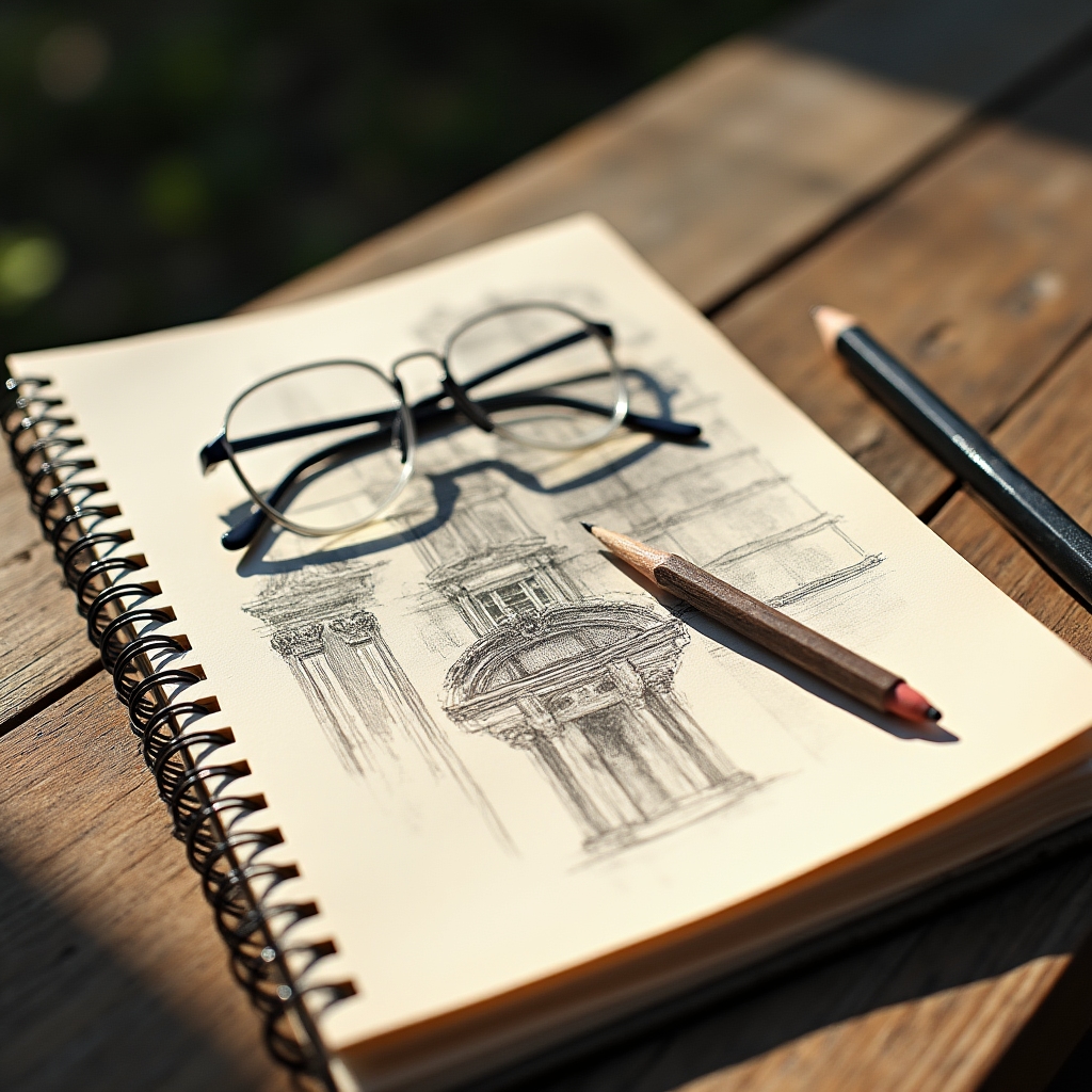 Open field notebook with pencil sketches of cornice details and building proportions on a wooden table outdoors