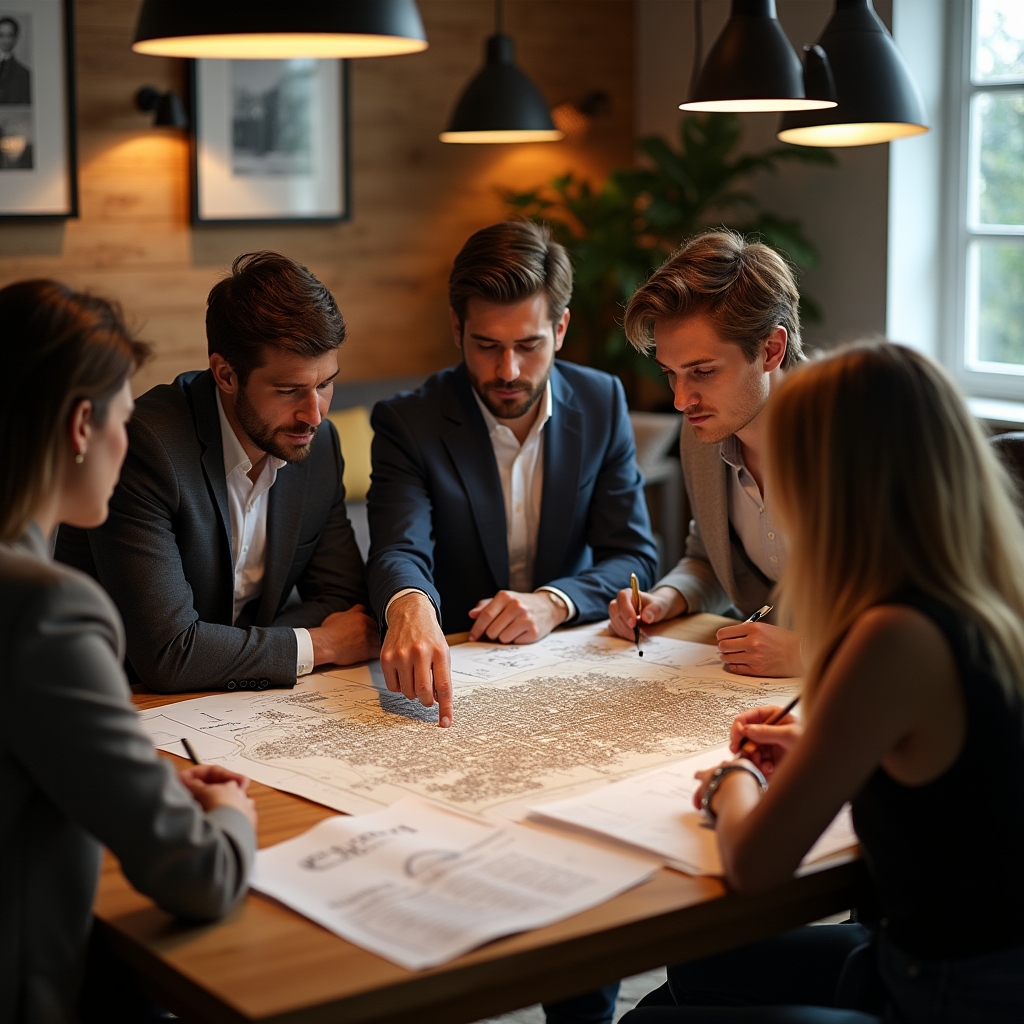 Group of adults gathered around a table reviewing architectural drawings and city maps
