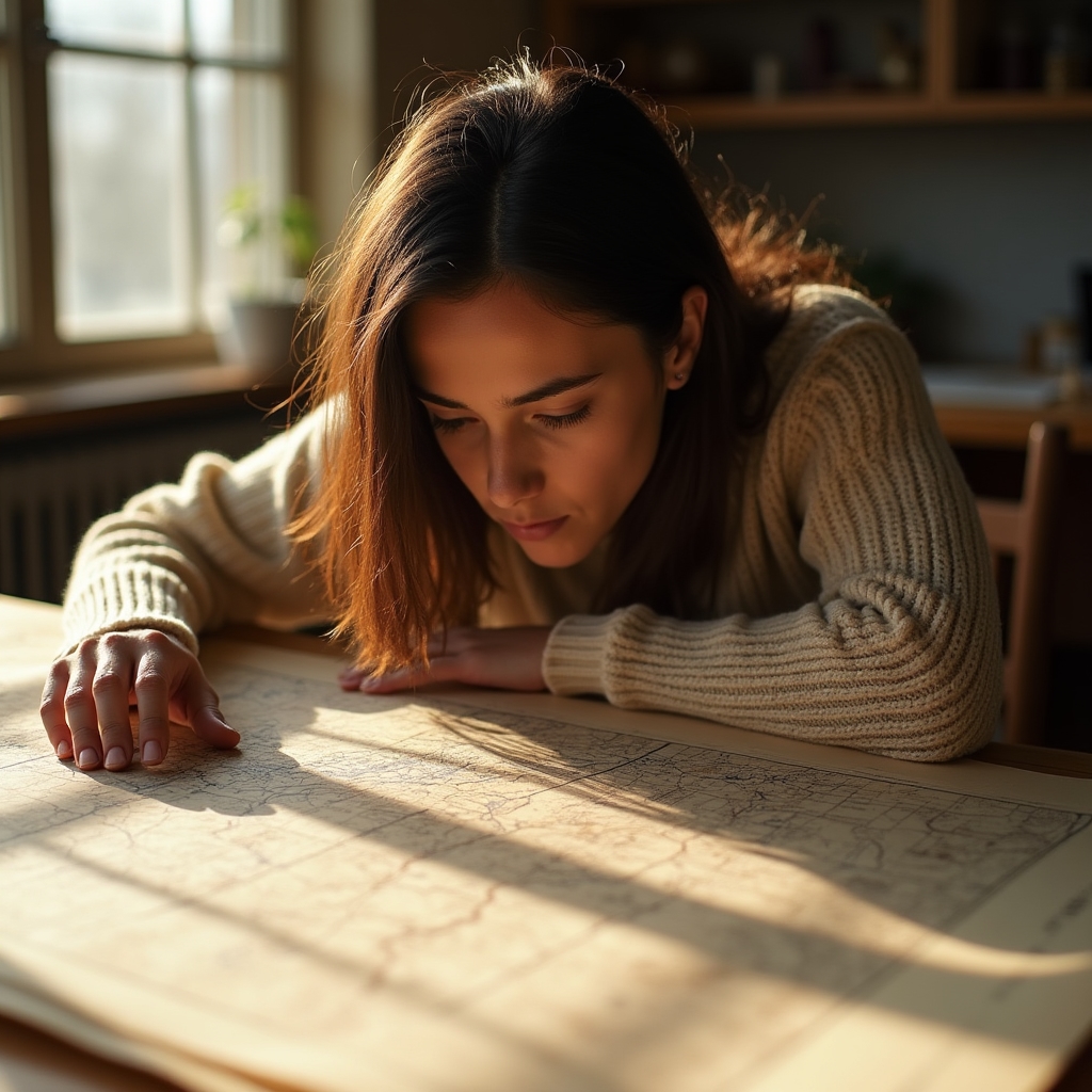 A researcher reviewing an old city zoning map spread across a wooden desk in warm afternoon light