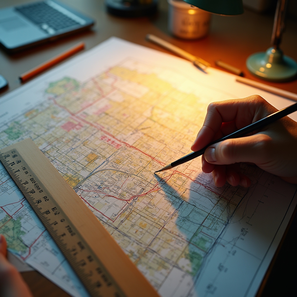 Close-up of hands tracing lines on a printed zoning map with a ruler and drafting pencil
